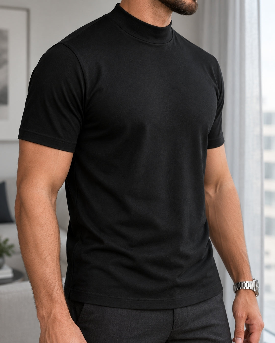 Camiseta de Gola Alta e Manga Curta em Algodão Egípcio - Monarch