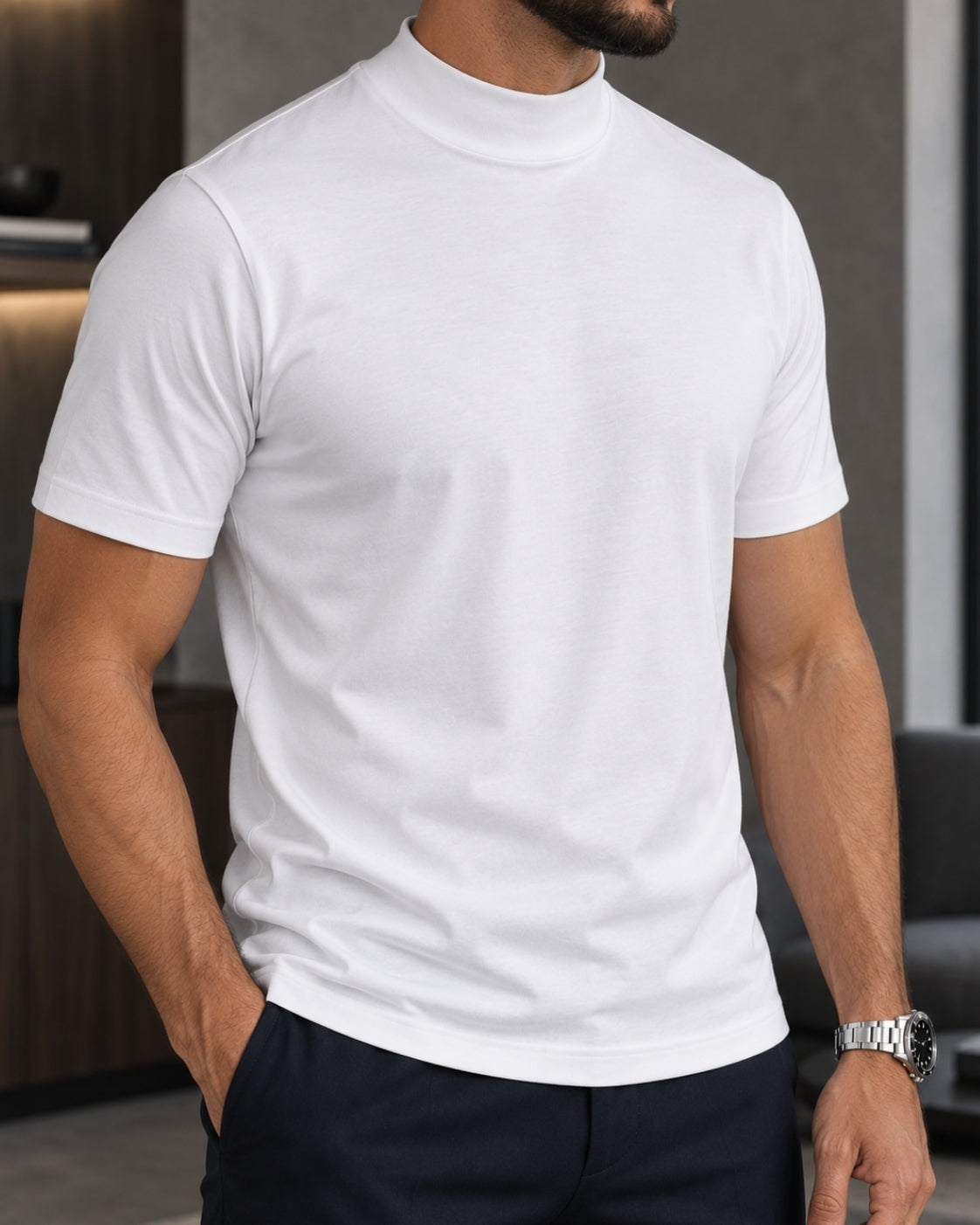 Camiseta de Gola Alta e Manga Curta em Algodão Egípcio - Monarch
