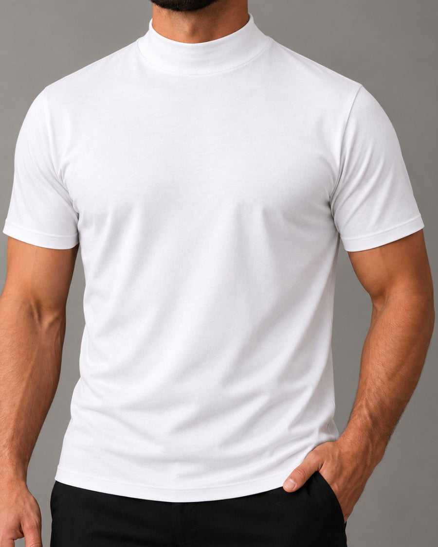 Camiseta de Gola Alta e Manga Curta em Algodão Egípcio - Monarch — Branca